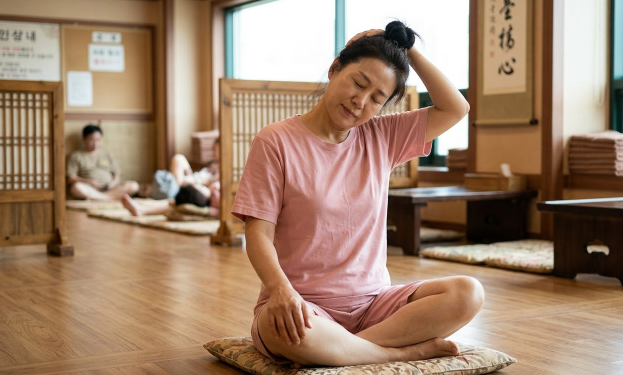 목 스트레칭이나 편안한 자세로 휴식하는 모습