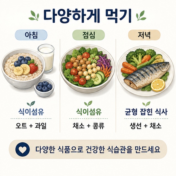 과일과 귀리, 채소와 콩류, 생선을 여러 끼에 나누어 다양하게 섭취하는 식사 방법을 보여주는 그림
