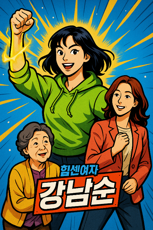 세명의 여성중 가운데 강남순이 주먹을 불끈 쥐며 힘쎈 모습을 보여주고 있는 모습