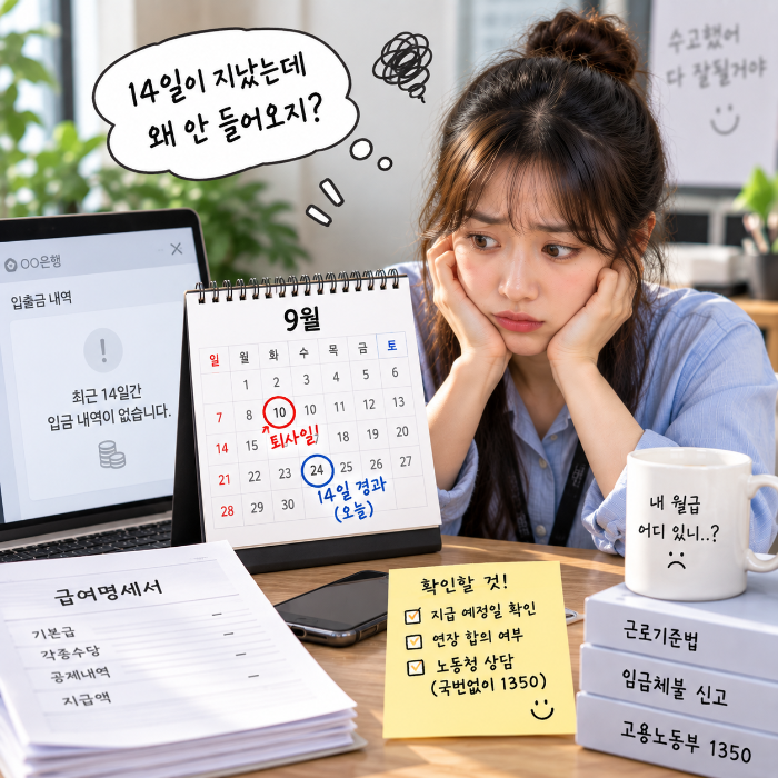 퇴사 후 14일이 지났는데 월급이 들어오지 않아 입금 내역과 지급기한을 확인하고 임금체불 대응 방법을 알아보는 직장인 이미지