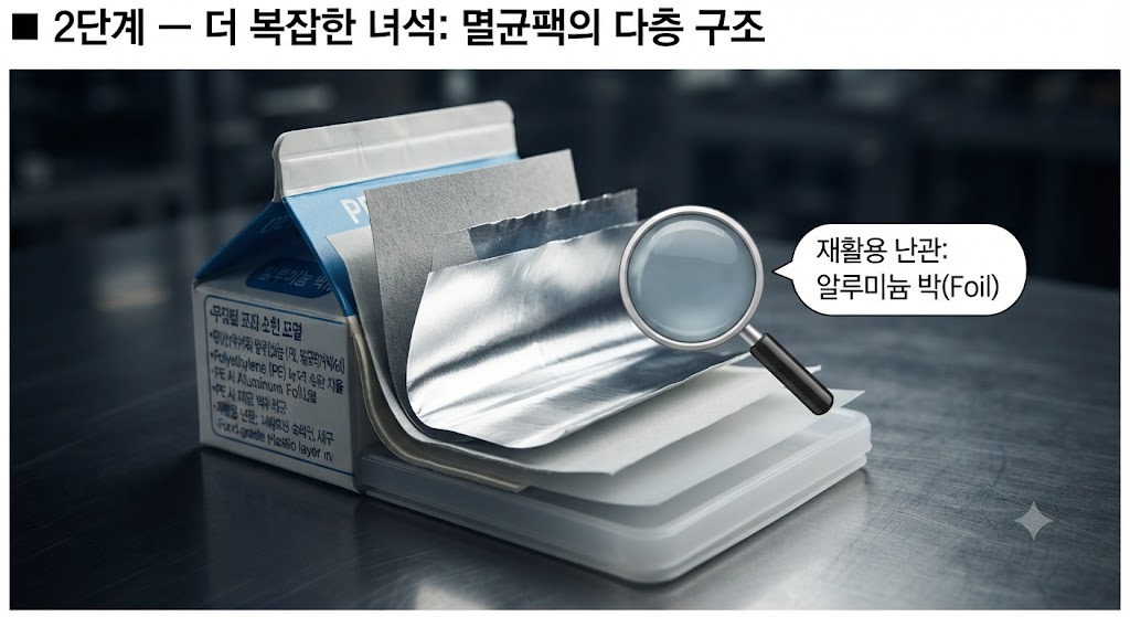 최근 급증하는 '멸균팩'의 구조입니다. 일반팩보다 훨씬 복잡한 다층 구조임을 강조하기 위해, 단면을 계단식으로 분리하여 보여줍니다. 종이, PE 사이에 반짝이는 알루미늄 박(Aluminium foil) 층이 추가된 것을 시각적으로 극대화했습니다.