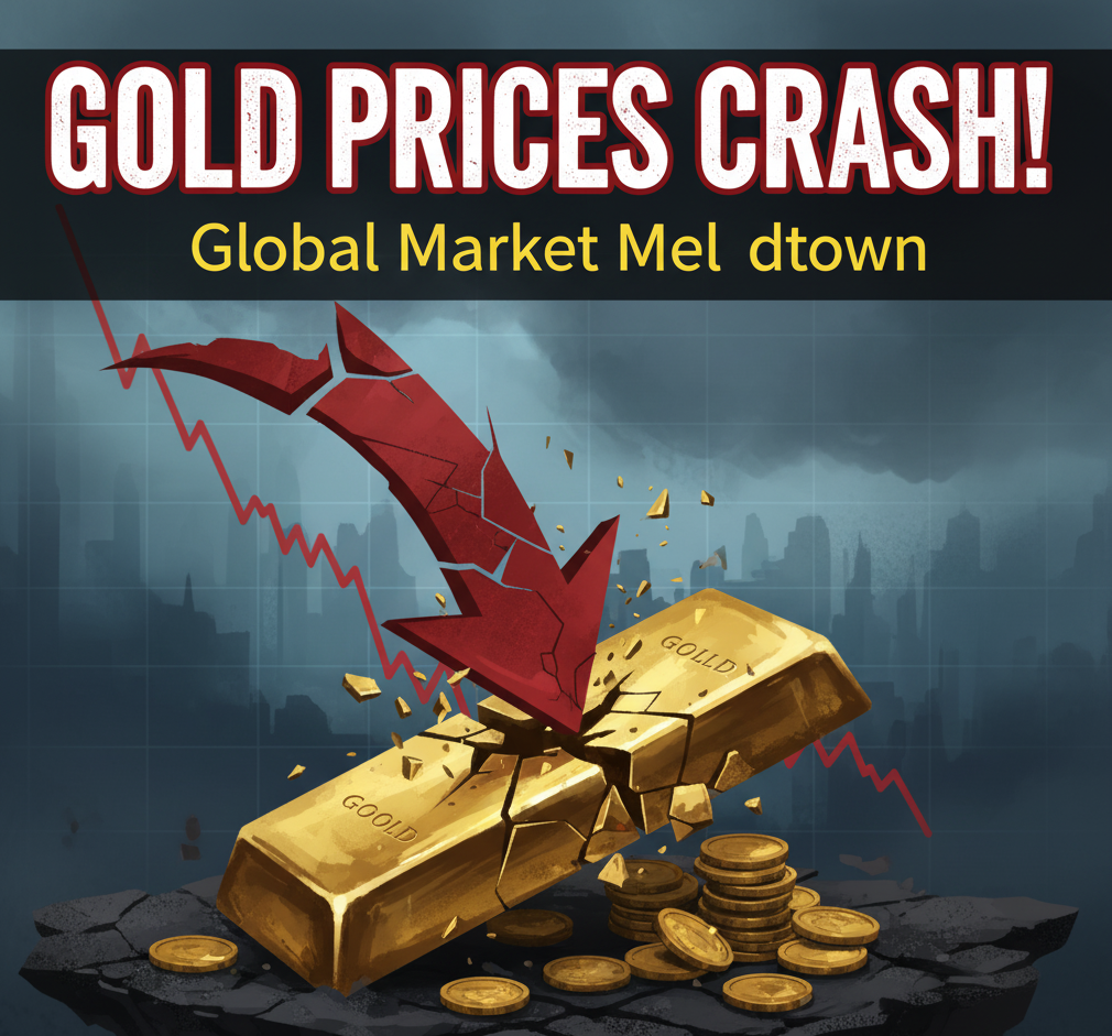 하락하는 금값을 상징하는 썸네일 이미지. 붉은색 하락 화살표가 박살난 금괴 위에 꽂혀 있고, 주변에는 금화가 흩어져 있습니다. 배경에는 하락 추세의 그래프와 어두운 도시 스카이라인이 표현되어 있습니다.