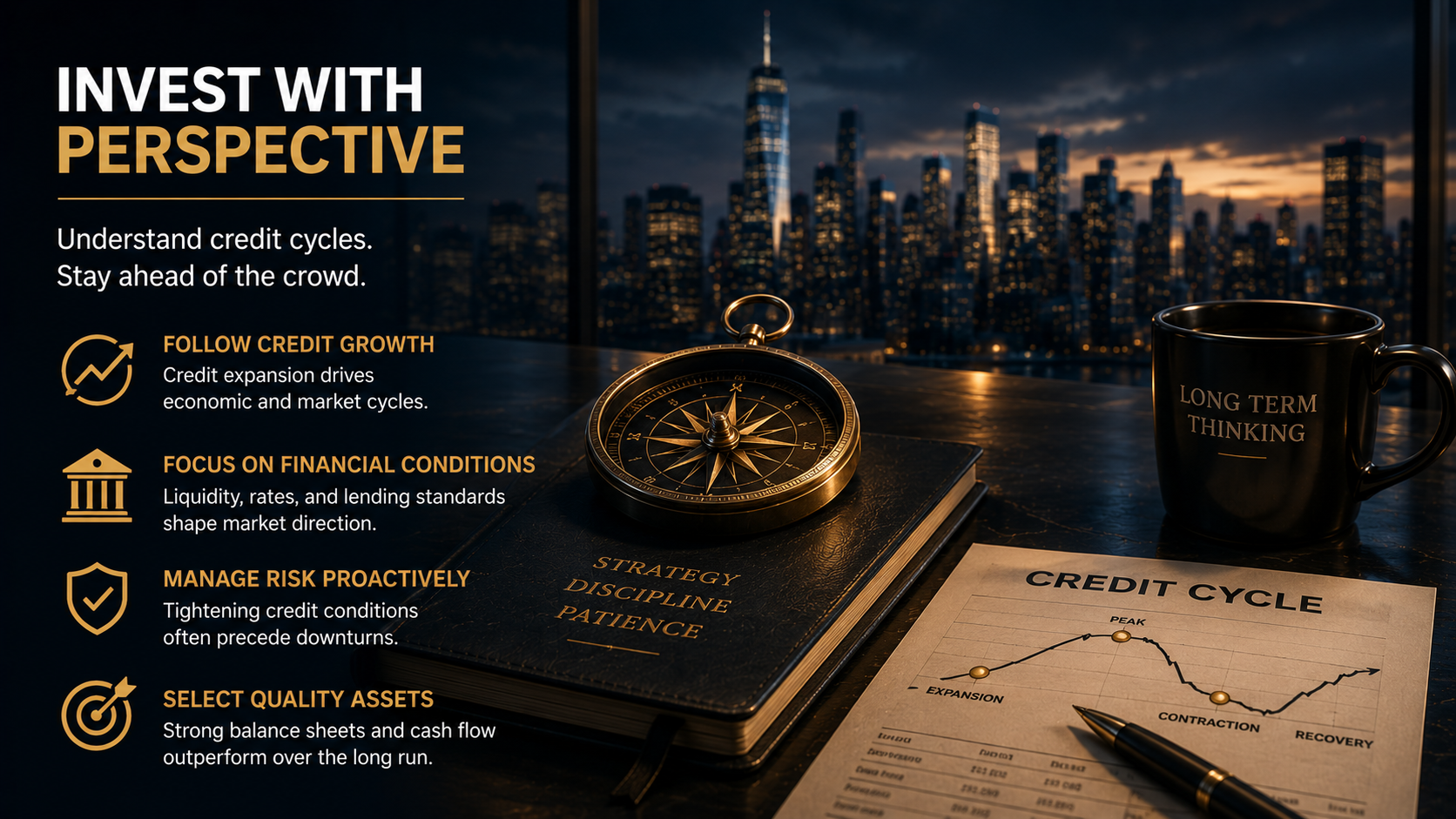 Investor analyzing credit cycles and capital flows to make long-term investment decisions.