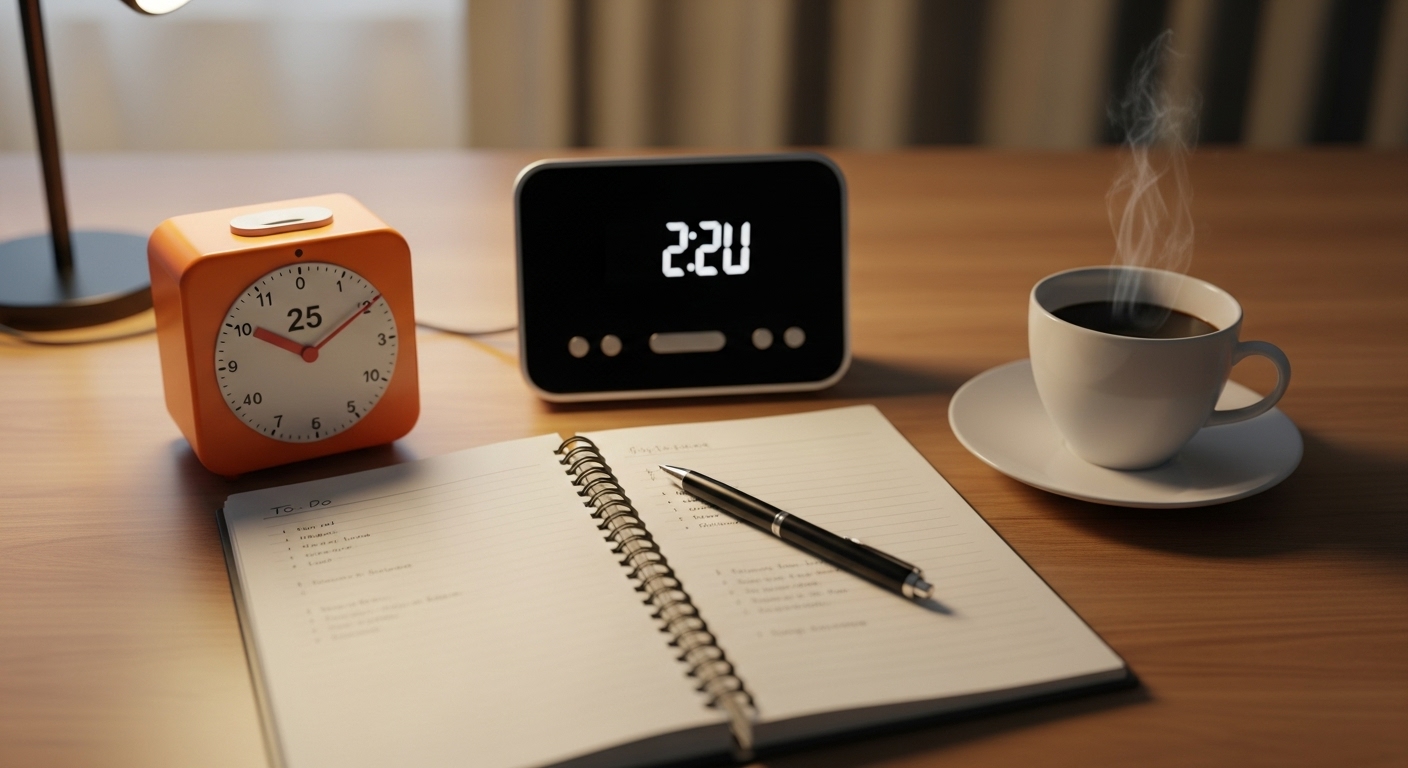 뽀모도로 학습법을 위해 25분 타이머와 함께 공부하는 책상.