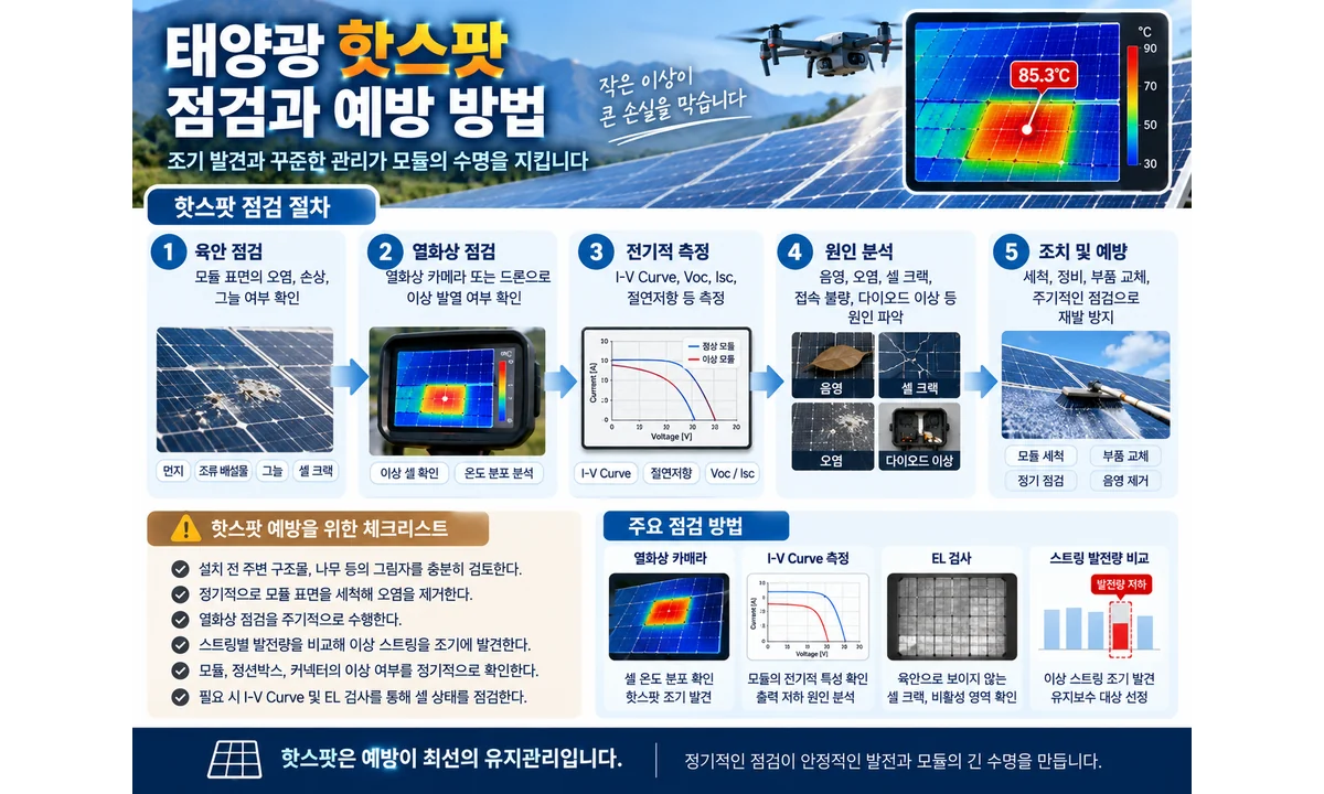 태양광 핫스팟을 열화상 카메라와 I-V Curve, EL 검사, 스트링 비교로 점검하고 예방하는 방법