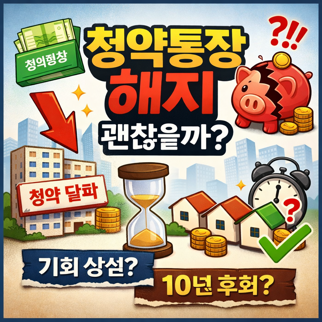 청약통장 해지, 지금 해도 될까요? 해지 전 반드시 알아야 할 불이익, 재가입 시 불리한 조건, 가점 손실 등 모든 정보를 2026년 기준으로 정리했습니다. 실사례와 비교표로 판단하세요.
