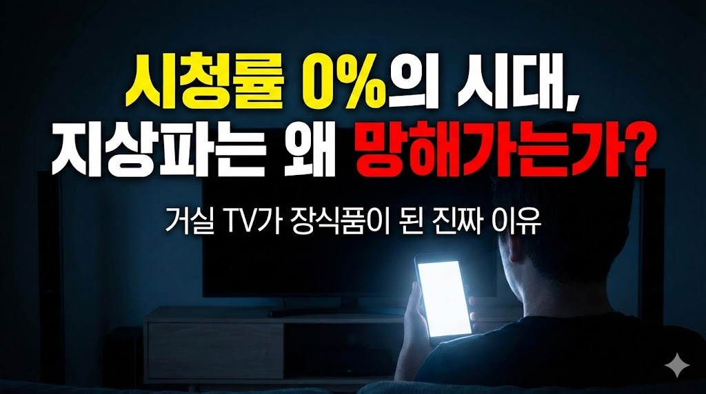 어두운 거실에서 꺼진 TV를 뒤로하고 스마트폰에 몰두하는 현대인의 모습을 담았습니다. 강렬한 타이포그래피로 위기감을 고조시키고, '거실 TV가 장식품이 된 진짜 이유'에 대한 궁금증을 유발합니다.
