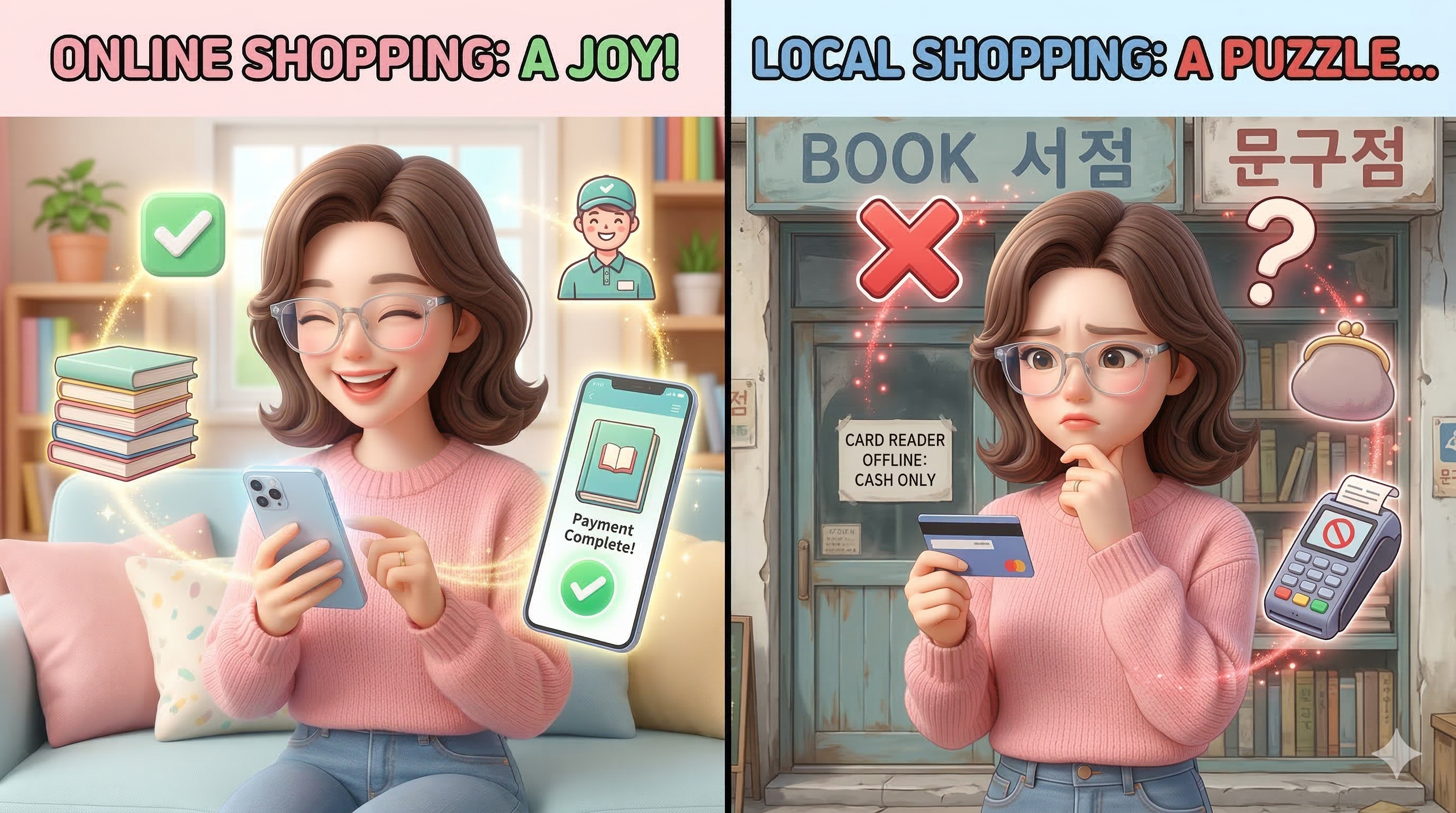 대형 온라인 서점과 동네 보습학원의 바우처 결제 편의성 차이와 학부모 실제 만족도 통계를 비교한 3D 시각화 데이터