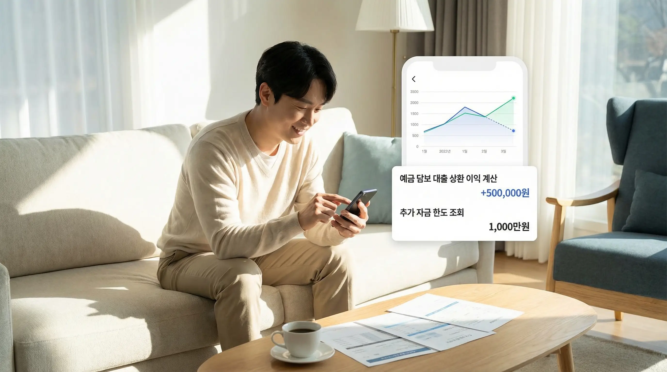 스마트폰 앱으로 예금 담보 대출 상환 이익을 계산하고 추가 자금 한도를 조회하여 자산 관리를 하는 모습