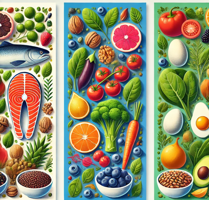 오메가3 풍부 식품 (왼쪽)-연어, 호두, 아마씨 등 → 뇌 세포 건강을 유지하고 염증을 줄이는 데 도움.
항산화제 풍부 식품 (가운데)-블루베리, 시금치, 토마토 등 다채로운 과일과 채소 → 뇌세포 손상을 막는 데 중요한 역할.
비타민 풍부 식품 (오른쪽)-달걀, 유제품, 잎채소 등 → 비타민 B군, D, E는 뇌 건강에 핵심적