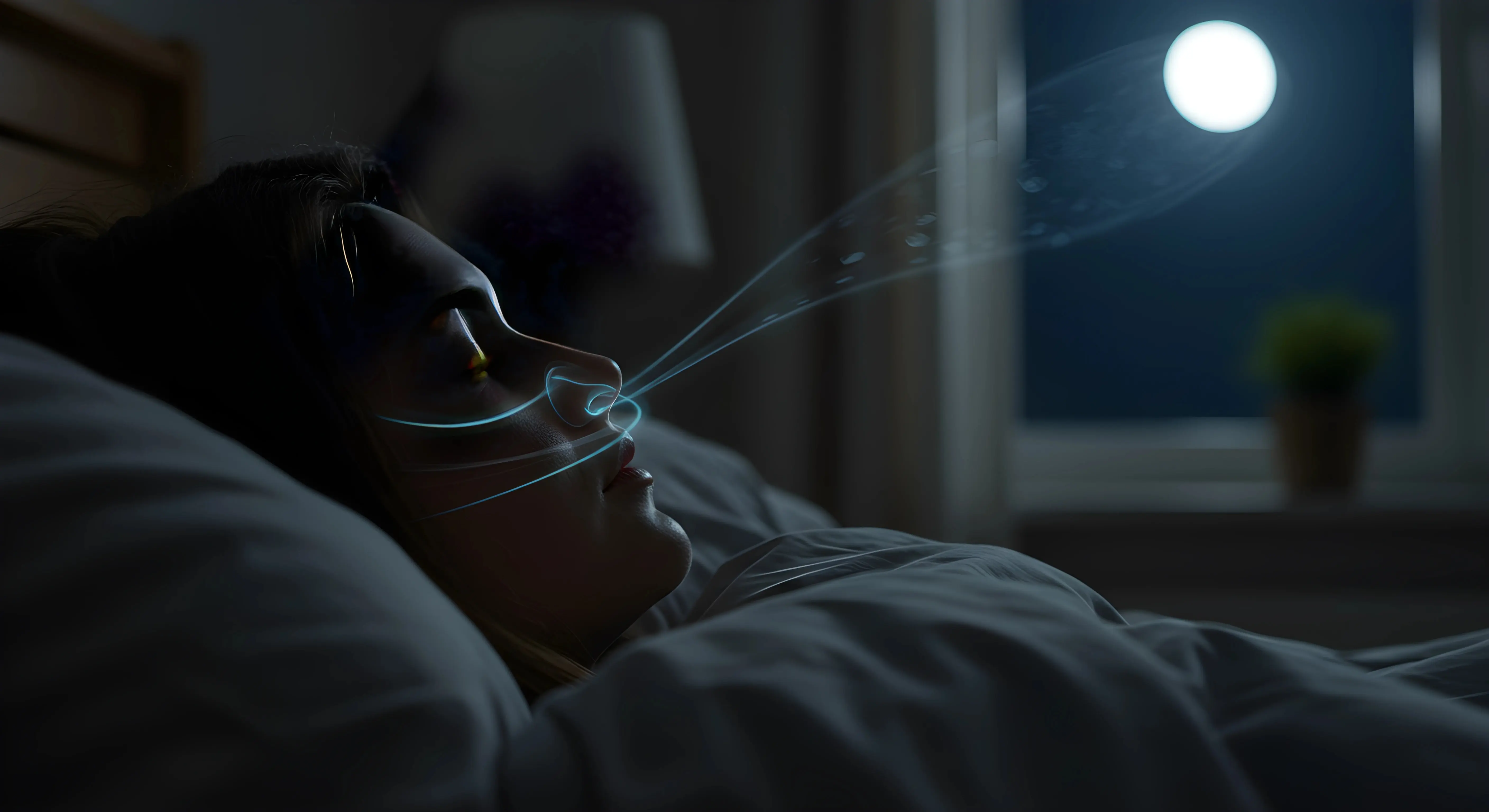 달빛이 비치는 침실에서 깊은 수면 중인 사람의 옆모습, 코 주변으로 시각화된 푸른 공기 흐름이 표현되어 건강한 코 호흡의 중요성을 강조함