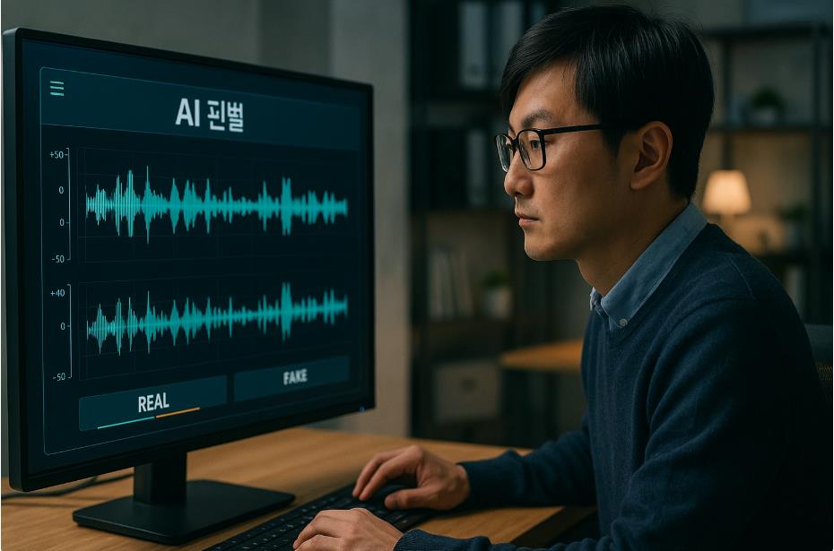 엔지니어가 모니터로 AI 음악 판별을 분석하는 모습