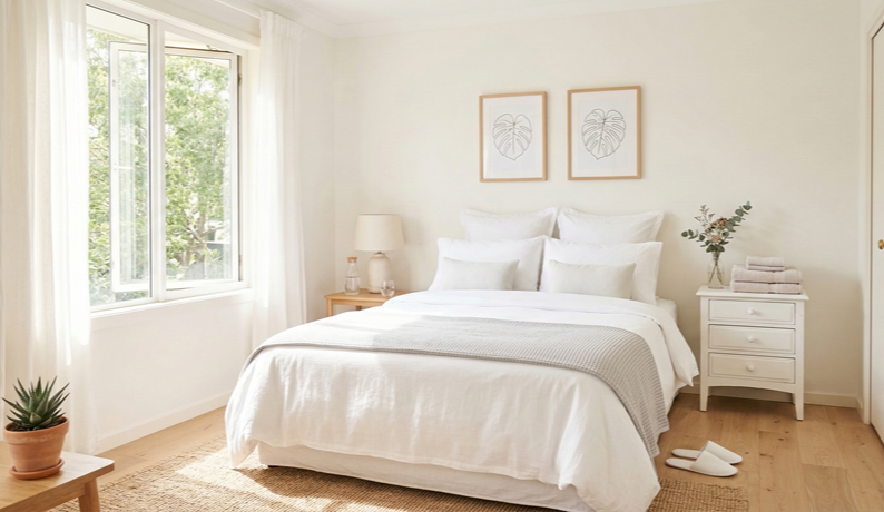 알레르기 비염 예방을 위해 깨끗하게 세탁된 침구와 침실 환경