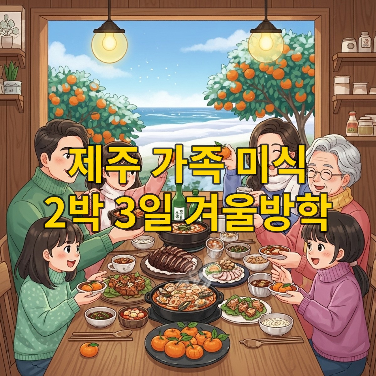 2025년 겨울 제주에서 가족이 함께 흑돼지와 해산물 등 푸짐한 미식 요리를 즐기는 따뜻하고 행복한 모습.