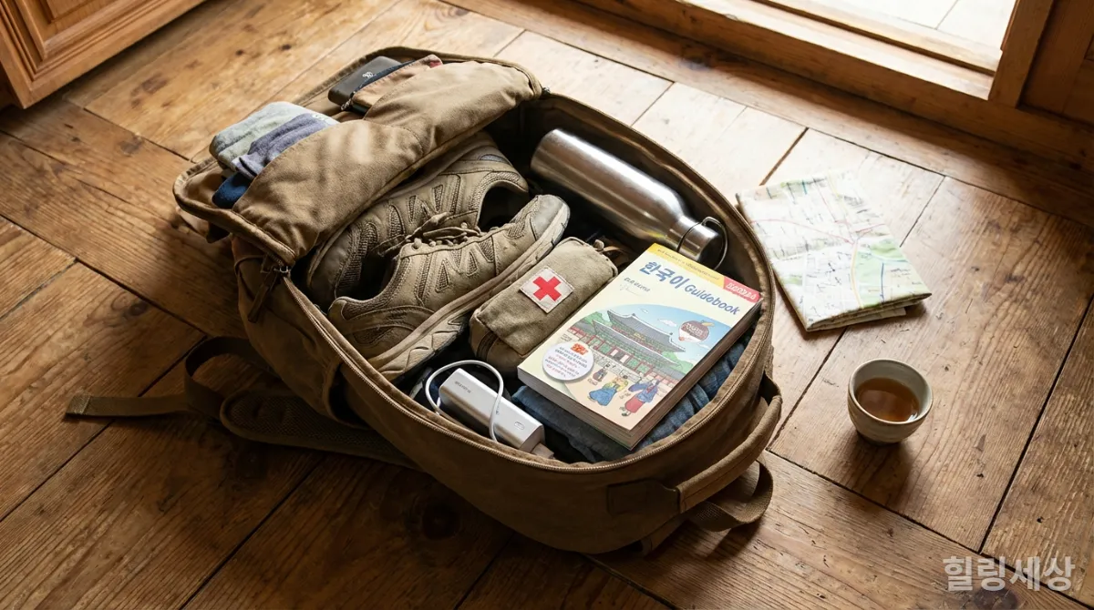 소도시 여행을 위한 필수품들이 깔끔하게 정리된 배낭