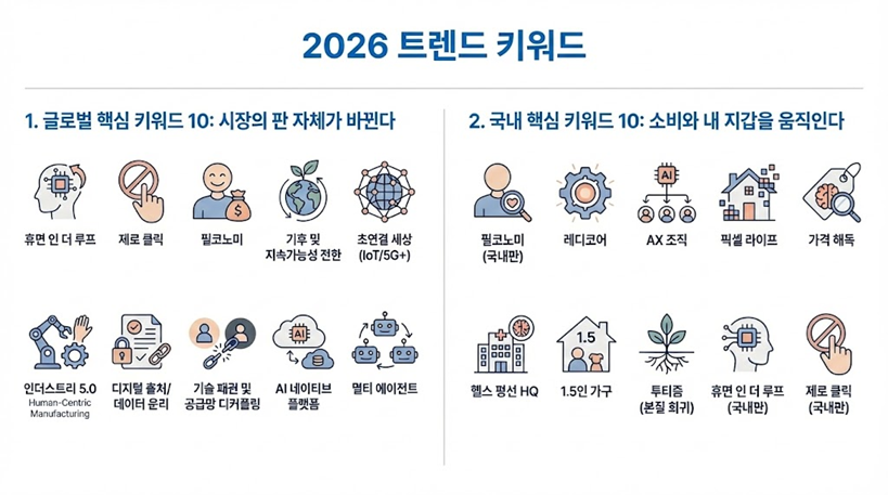 2026년 시장 전망, 휴먼 인 더 루프, 제로 클릭, 필코노미, AX 조직, 1.5인 가구 등 핵심 트렌드 요약 인포그래픽