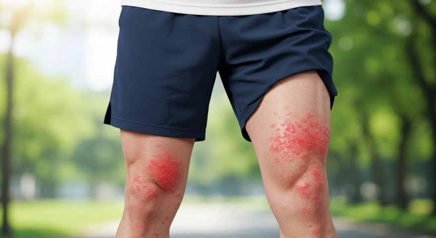 운동 후 허벅지와 종아리에 붉은 발진이 나타난 한국인 남성
