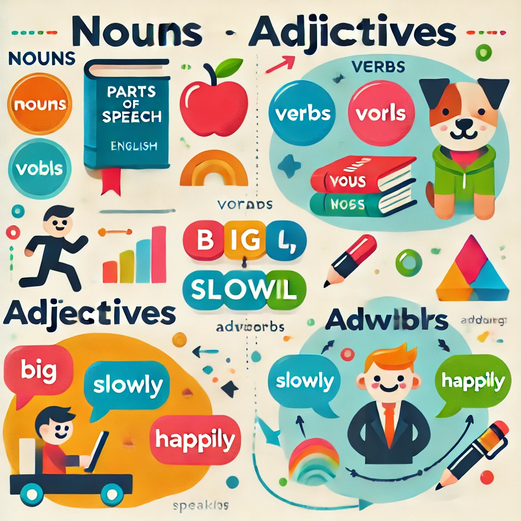 영어 품사(명사, 동사, 형용사, 부사)를 설명하는 교육용 인포그래픽