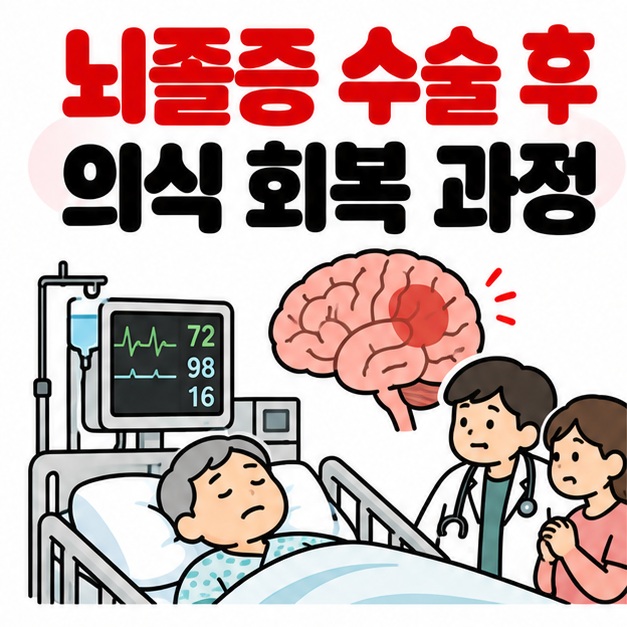뇌와 병원 침대 환자 모니터 아이콘 옆에 뇌졸증 수술 후 의식 회복 과정 문구를 크게 보여주는 대표 카드