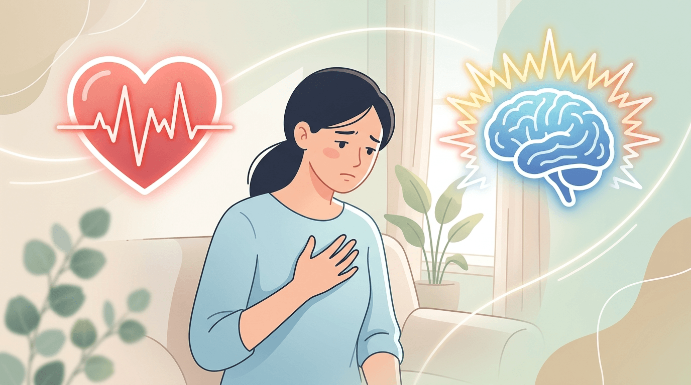 가슴에 손을 대고 두근거림을 느끼는 사람과 심장·뇌 아이콘이 양쪽에 배치된 일러스트