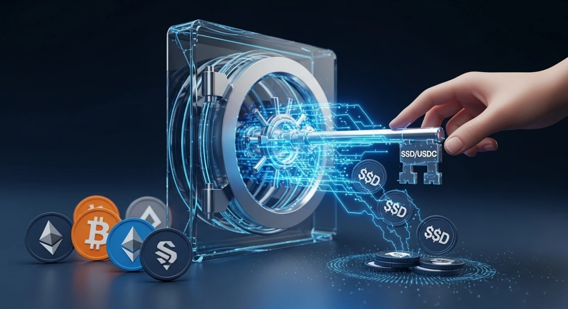 스마트 컨트랙트를 통해 작동하는 탈중앙화 금융(DeFi)의 개념적 아트 이미지. 중앙 집중식 은행 없이 작동하는 디파이의 원리를 상징적으로 보여줍니다.