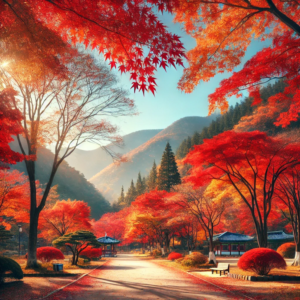 광주의 단풍 명소, 가을철 화려한 단풍이 물든 나무와 평화로운 공원 산책로