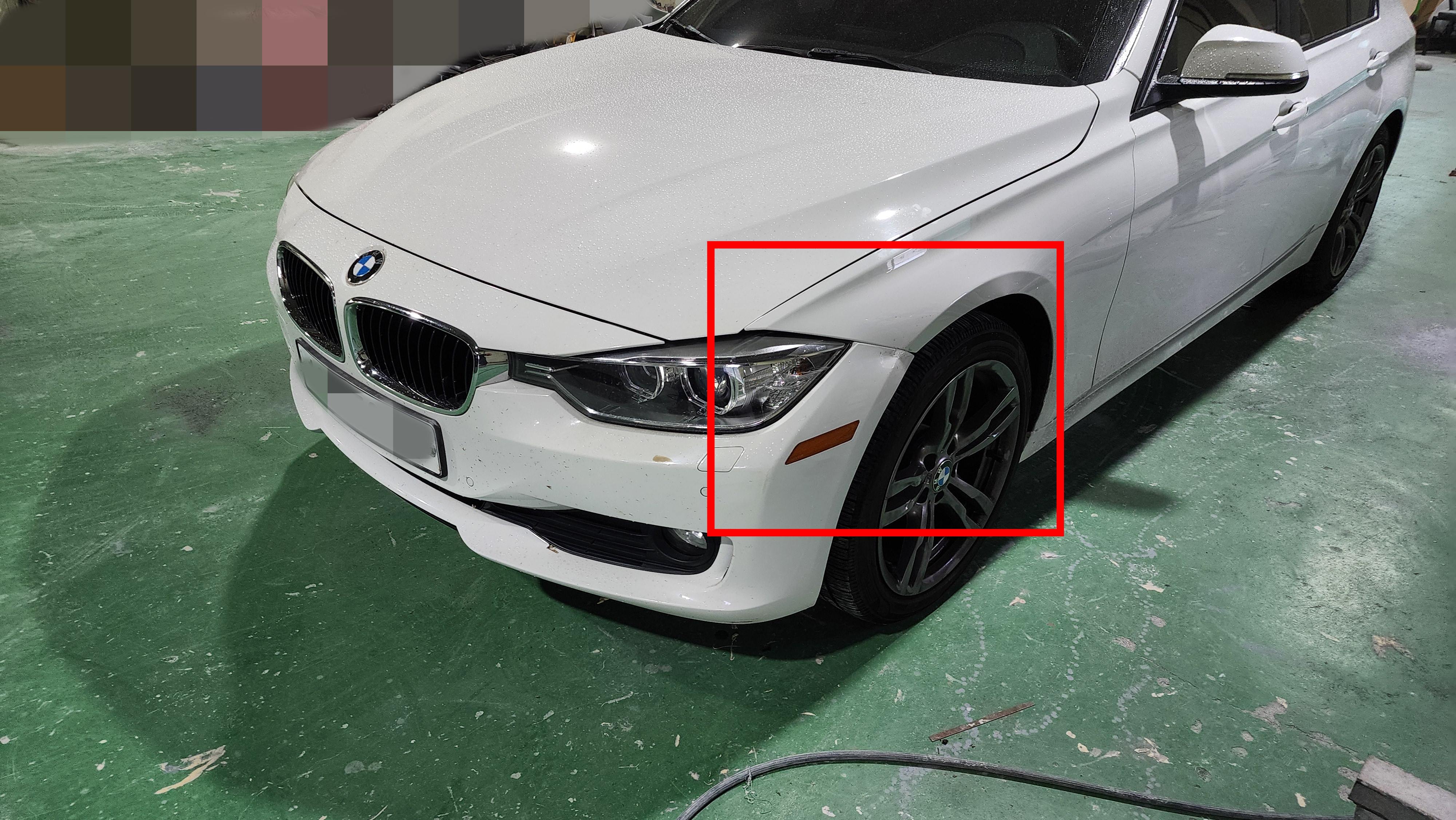 BMW 320d 알파인화이트 판금도색 손상 부위 확인 사진