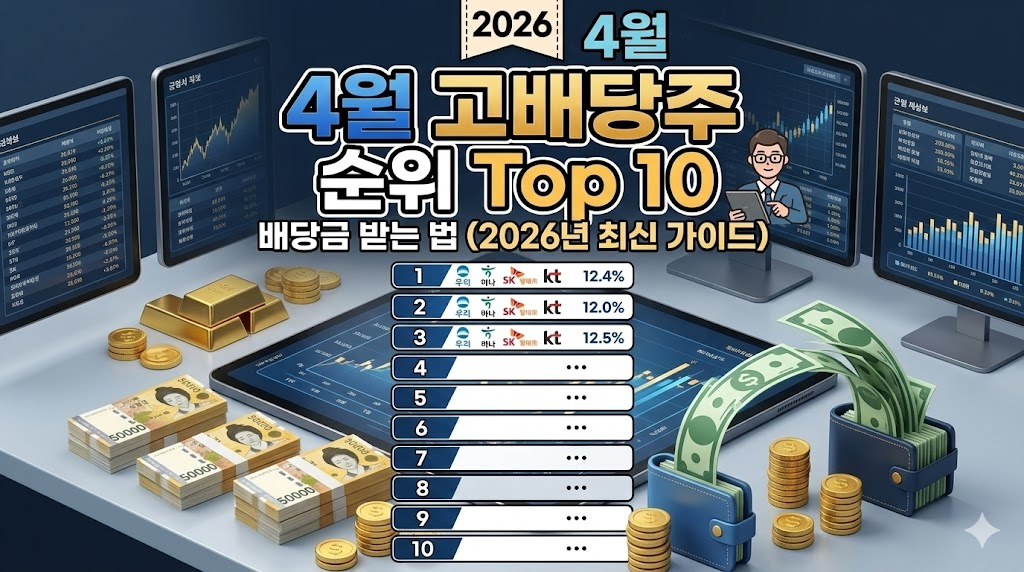 2026년 4월 고배당주 순위와 배당금 수령 가이드를 주제로 한 전문적인 금융 투자 정보 인포그래픽