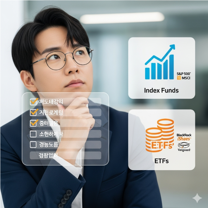 한 사람이 두 개의 투자 상품을 상징하는 아이콘 앞에서 체크리스트를 들고 고민하고 있다. 인덱스 펀드와 ETF의 로고가 보인다.