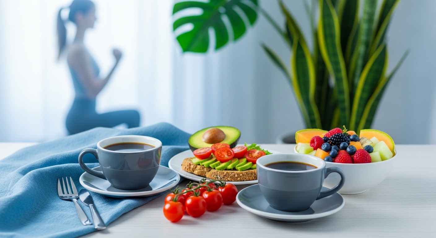 지방 연소를 돕는 황금 비율의 블랙커피 두 잔과 건강한 아침 식사가 놓인 식탁. 활기차고 건강한 커피 다이어트 라이프스타일을 상징합니다.