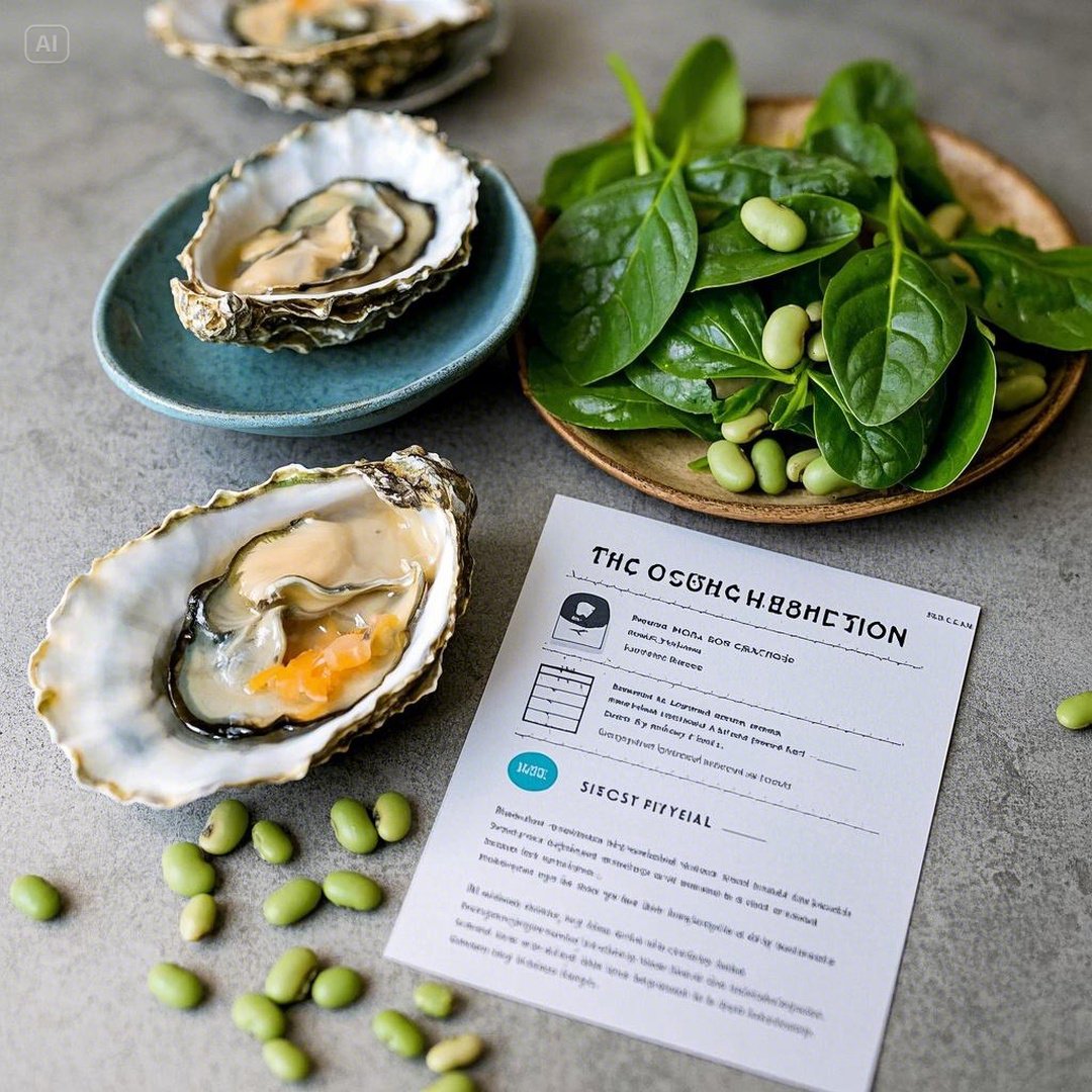 신선한 굴과 아연이 풍부한 식품들이 나란히 놓여있는 모습