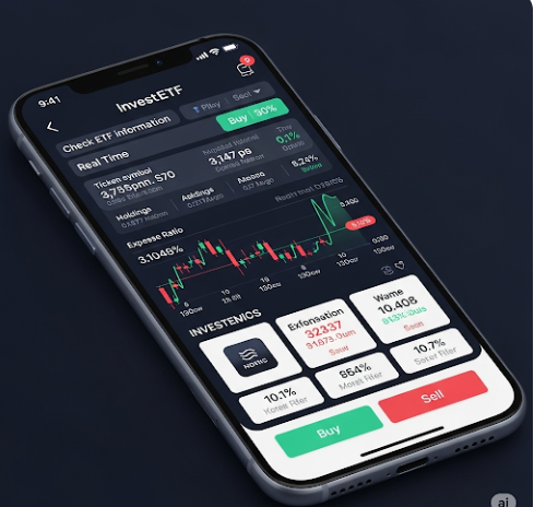 스마트폰 화면: ETF 투자 관련 정보를 보여주는 스마트폰 화면 이미지 (ETF 정보 확인 및 투자)