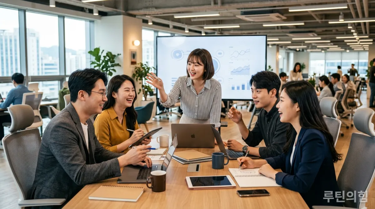 한국인 젊은 직장인들이 팀 프로젝트를 위해 활발하게 협력하는 모습.
