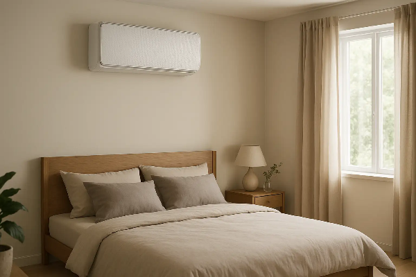 무풍에어컨이 설치된 쾌적하고 평온한 침실, 건강한 수면과 심리적 안정을 위한 인테리어, 회복 공간 만들기