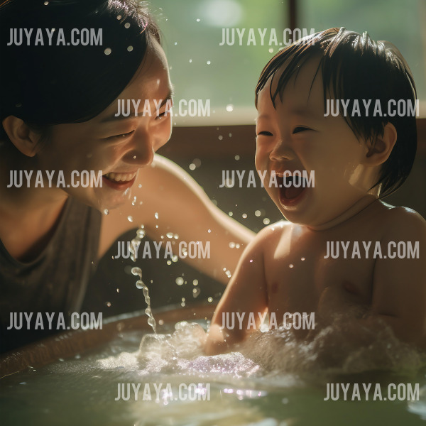 엄마와 아이가 물놀이를 하며 즐겁게 웃고 있는 모습. 아이의 천진난만한 웃음이 돋보이는 장면.