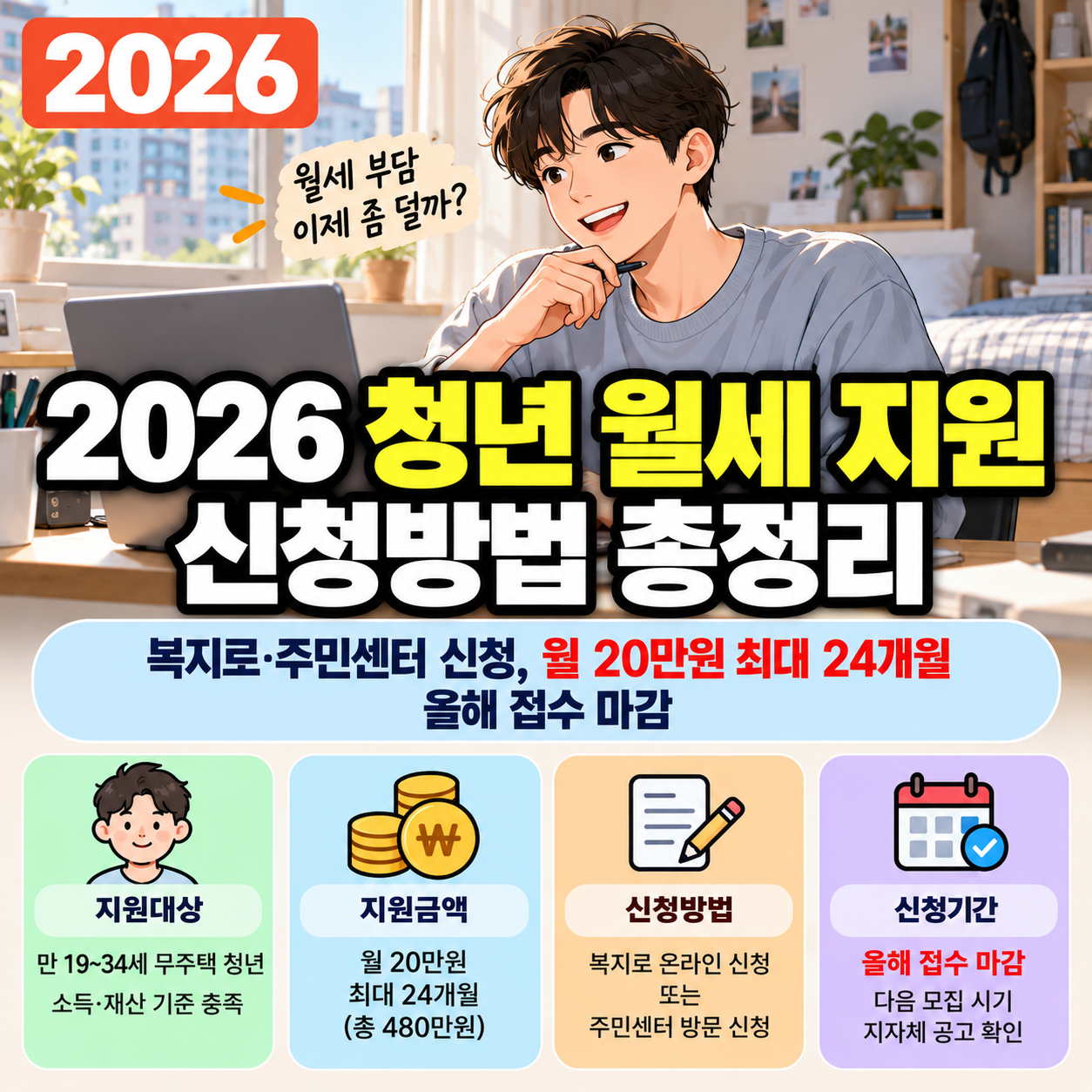 2026 청년 월세 지원 신청방법 ❘ 복지로&middot;주민센터 신청, 월 20만원 최대 24개월&middot;올해 접수 마감
