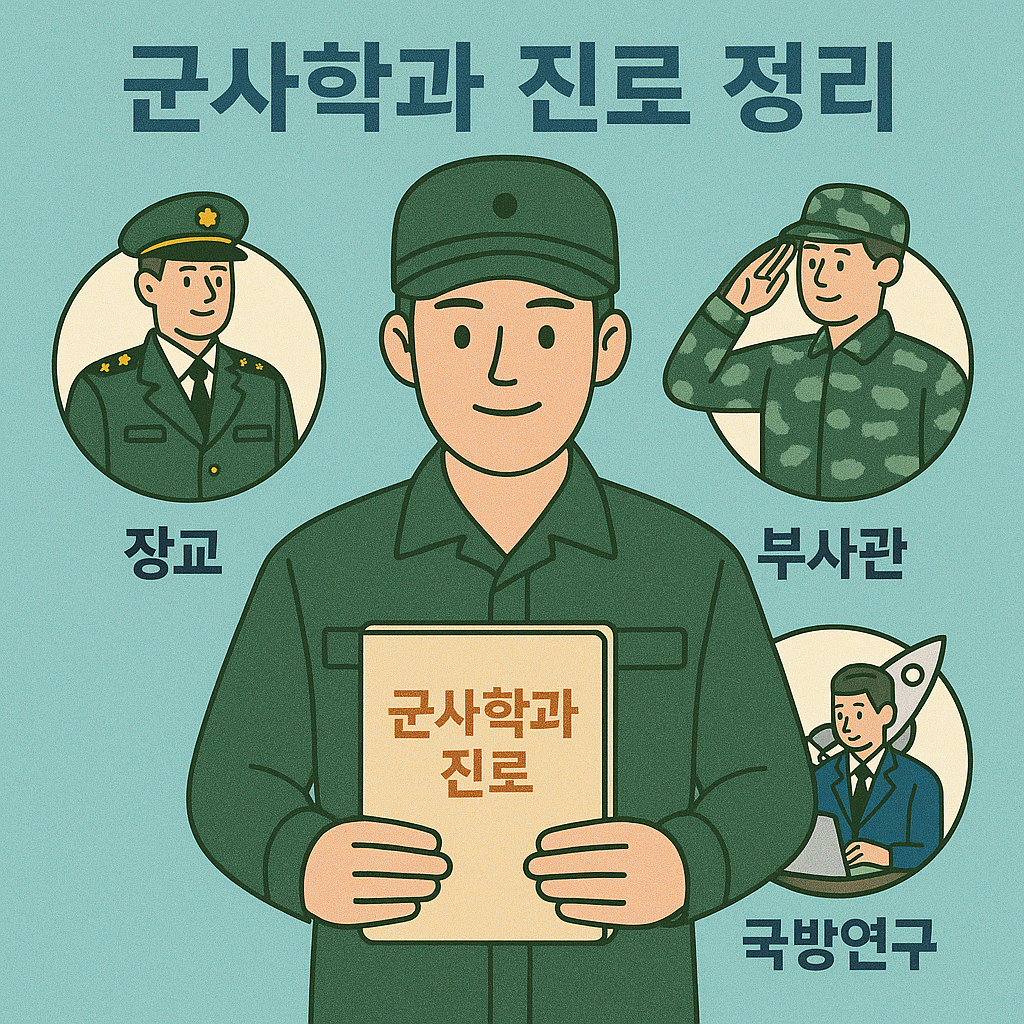 군사학과 진로 정리를 주제로 장교, 부사관, 국방연구 분야를 각각의 군인 일러스트와 함께 표현한 포스터. 배경은 청록색 계열