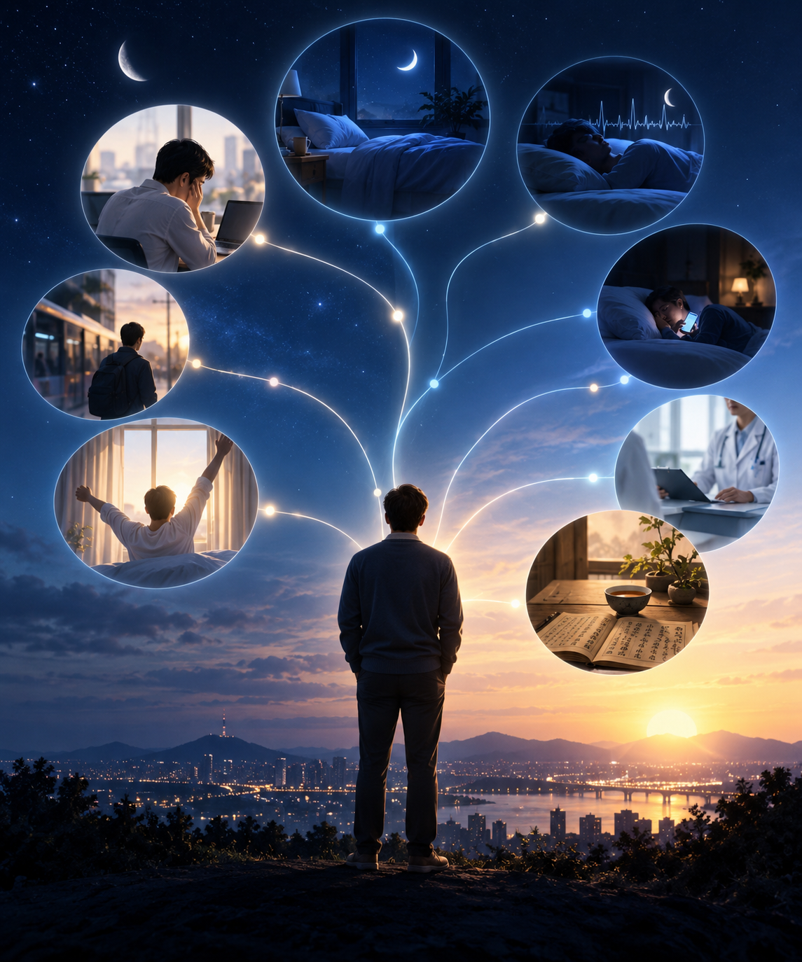 A person standing between night and sunrise, surrounded by connected scenes of sleep, daytime fatigue, waking, medical care, daily routines, and traditional records, representing the AEP Sleep Health Series hub and its path from symptoms and observation to health guidance.