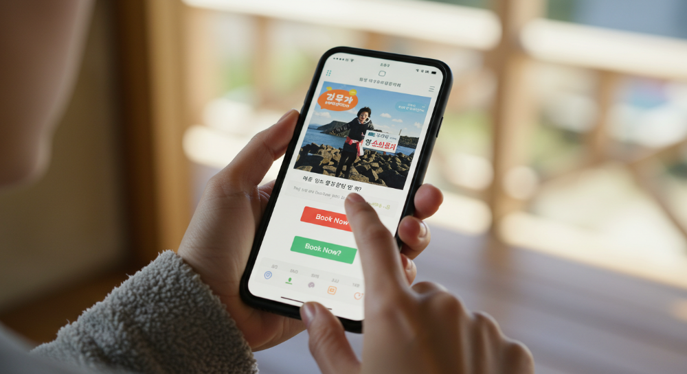 제주 액티비티 예약 사이트를 스마트폰으로 확인하는 여성 손