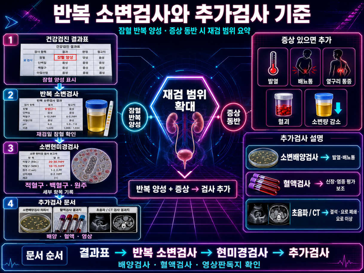 반복 소변검사와 소변현미경검사, 소변배양검사&middot;혈액검사&middot;영상검사 추가 기준을 정리한 신스웨이브 흐름도 인포그래픽