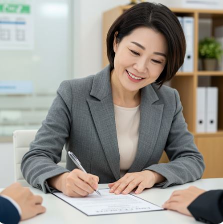 산재보험 가입하며 미소짓는 여성 이미지