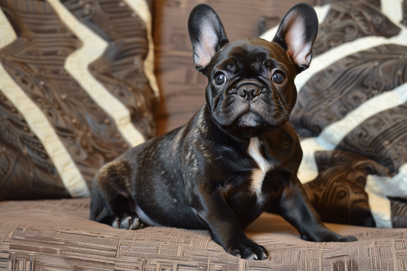 a muscular yet small French Bulldog with bat ears