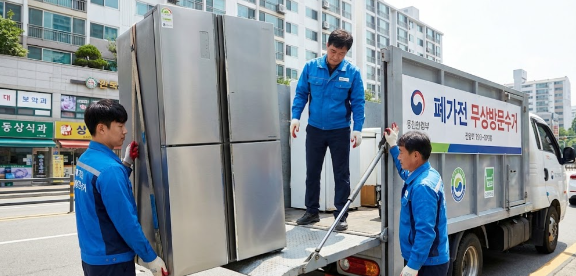대형 트럭에 폐가전이 실리고 있는 전문 수거 요원들의 모습