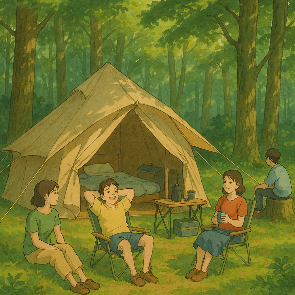 숲 속에서 글램핑 하는 모습