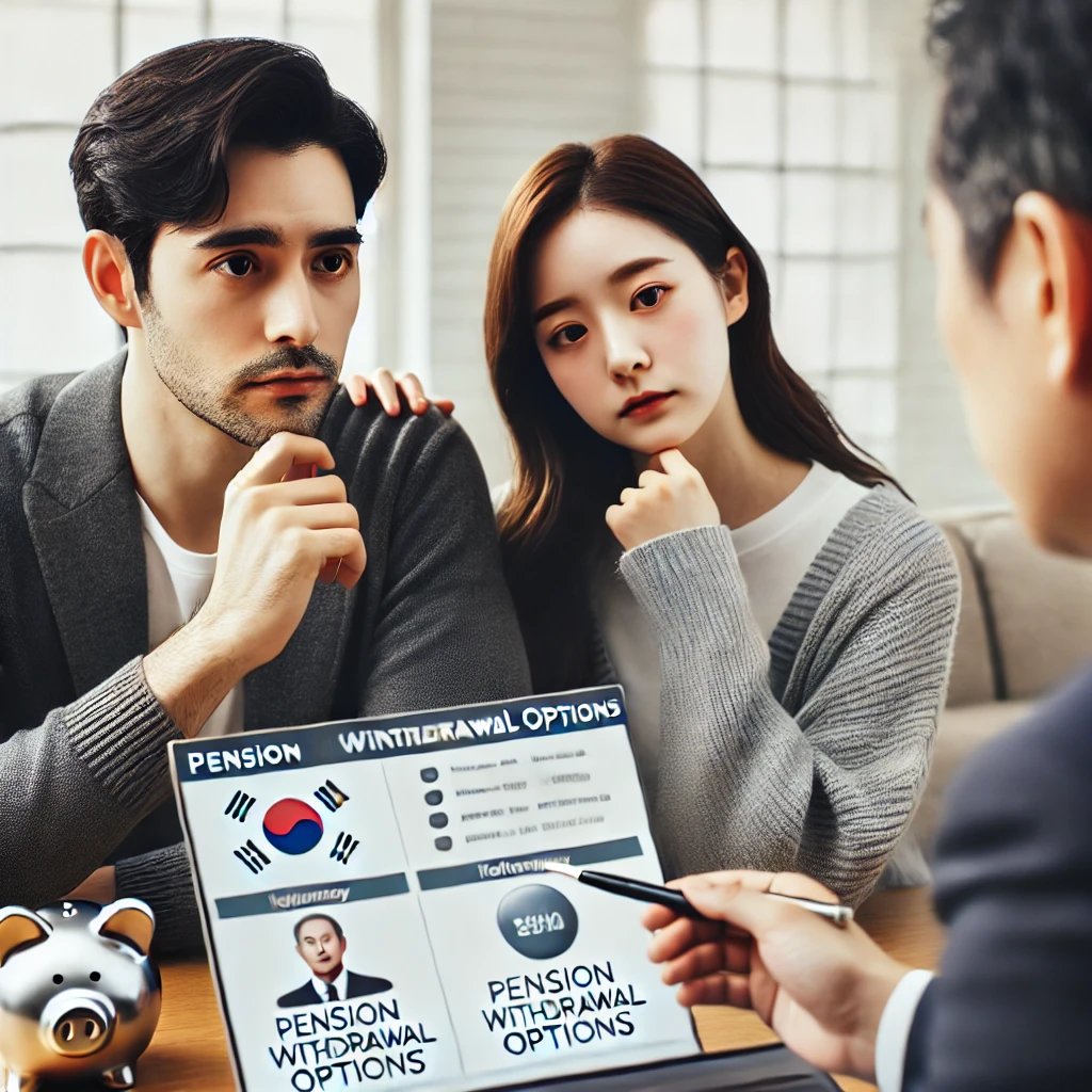 연금 인출 옵션을 상담하는 한국인 부부와 금융 전문가 