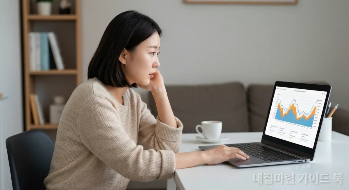 AI 기반 프롭테크 플랫폼으로 부동산 시장 데이터를 분석하는 한국인 여성