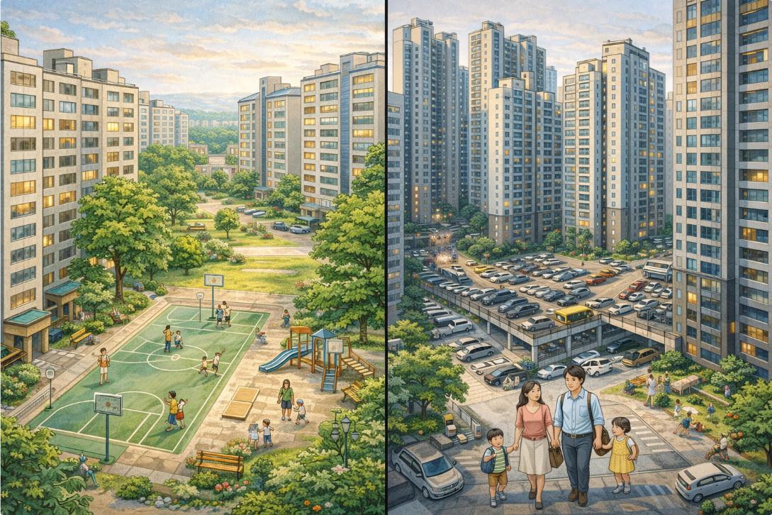 옛 아파트 단지와 요즘 아파트 단지 비교 이미지