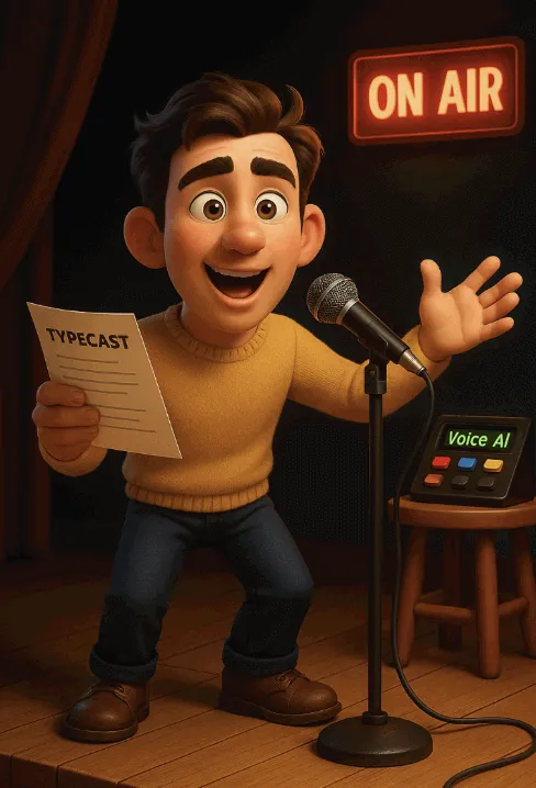 TYPECAST&rsquo;라는 대본을 들고 무대 위에서 감정을 담아 말하고 있는 AI 성우 캐릭터가 그려진 픽사풍 스타일의 이미지. 배경에는 마이크와 &amp;#39;Voice AI&amp;#39; 디스플레이 장치&amp;#44; &lsquo;ON AIR&rsquo; 사인이 있어 감성적인 음성 합성 장면을 시각화함. 이 이미지는 Typecast 음성 툴의 감정 연기와 캐릭터 기반 TTS 특성을 시각적으로 표현하며&amp;#44; 블로그의 AI 목소리 툴 비교 콘텐츠와 관련된 내용을 설명함 (typecast&amp;#44; emotional AI voice actor&amp;#44; Korean TTS). 