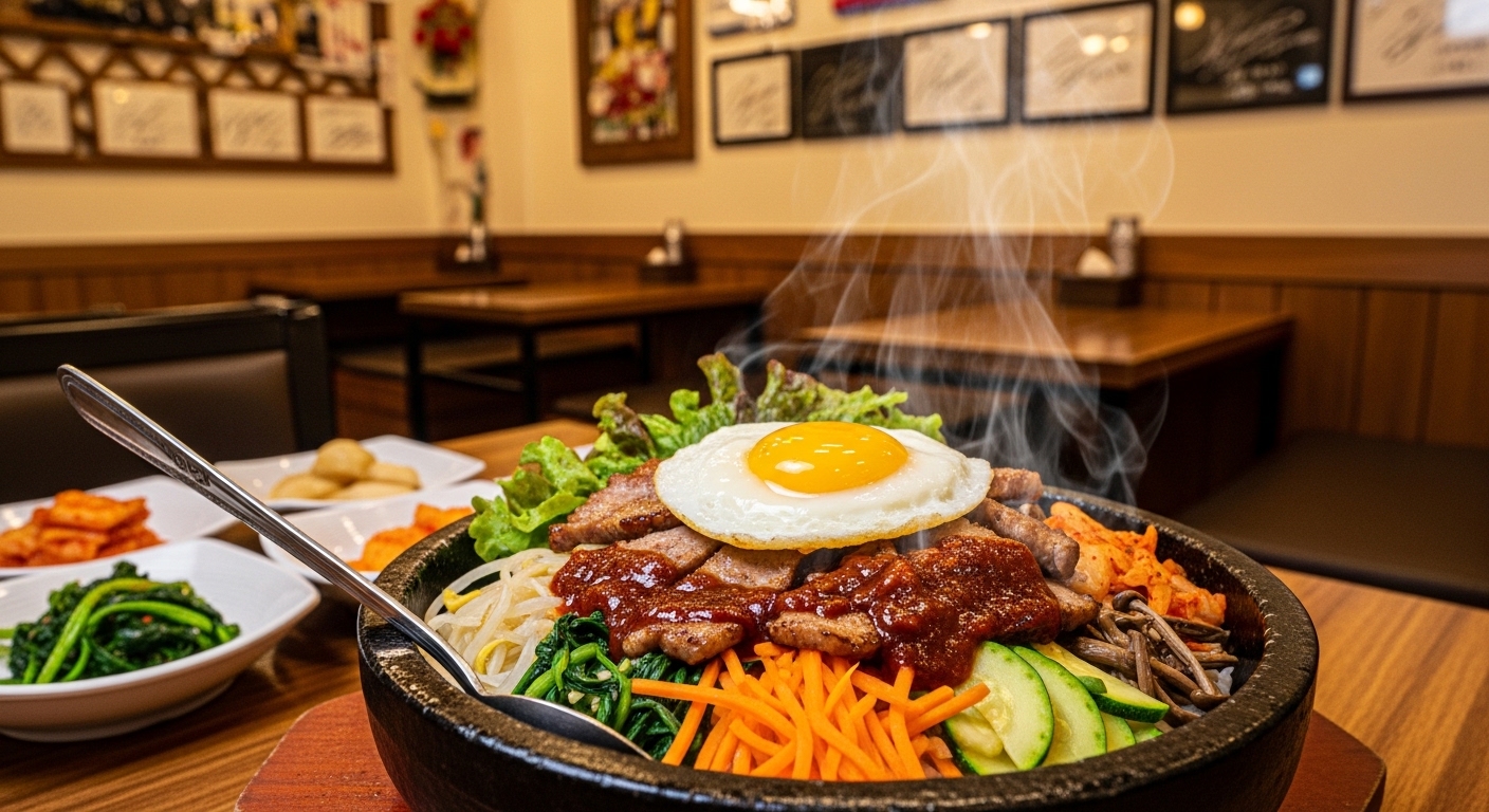 BTS 멤버들의 단골집인 유정식당 내부와 시그니처 메뉴인 흑돼지 돌솥비빔밥 이미지