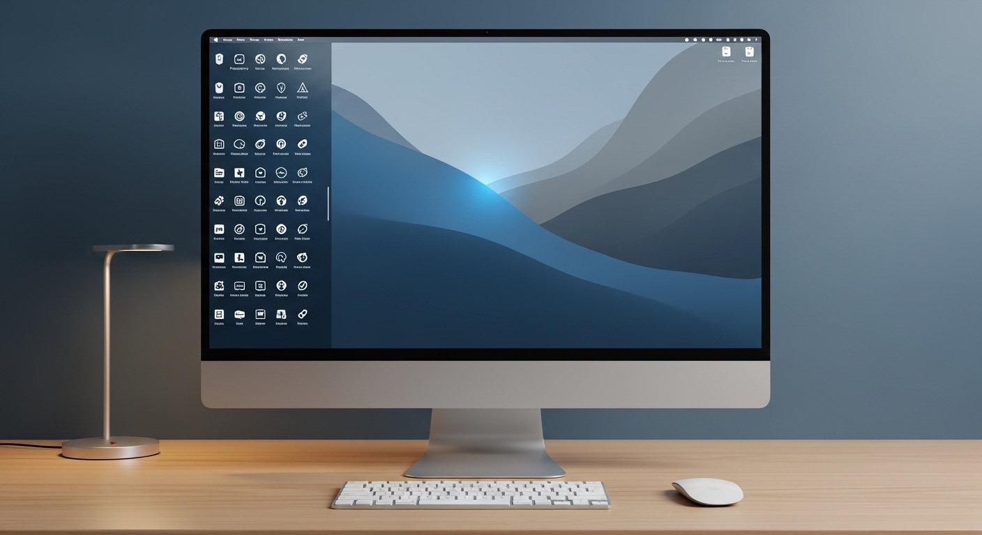 파란색-회색 테마의 깔끔하게 정돈된 컴퓨터 바탕화면으로, 아이콘들이 효율적으로 분류되어 생산성을 높이는 모습